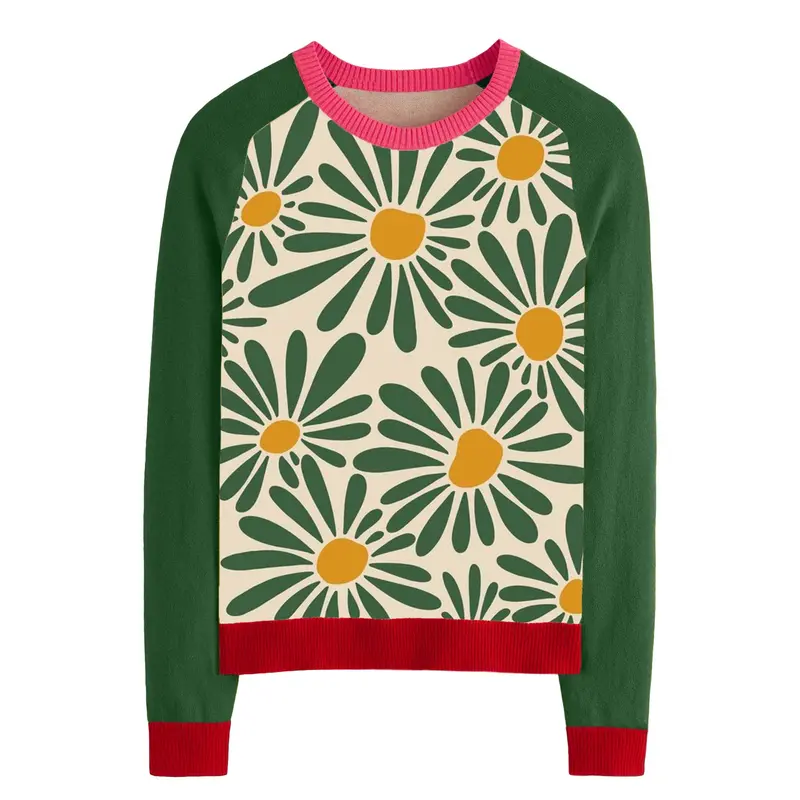 Women’S Retro Daisy Sweater – Bold Floral Knit With Contrast Sleeves 1