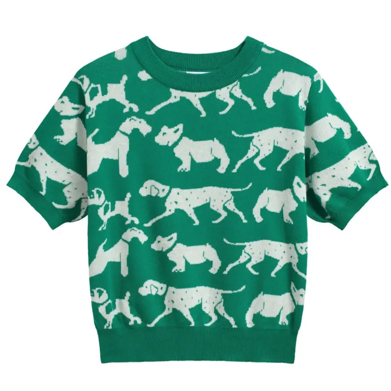 Women's Retro Dog Print Knit Tee – Green-Cropped Length 1