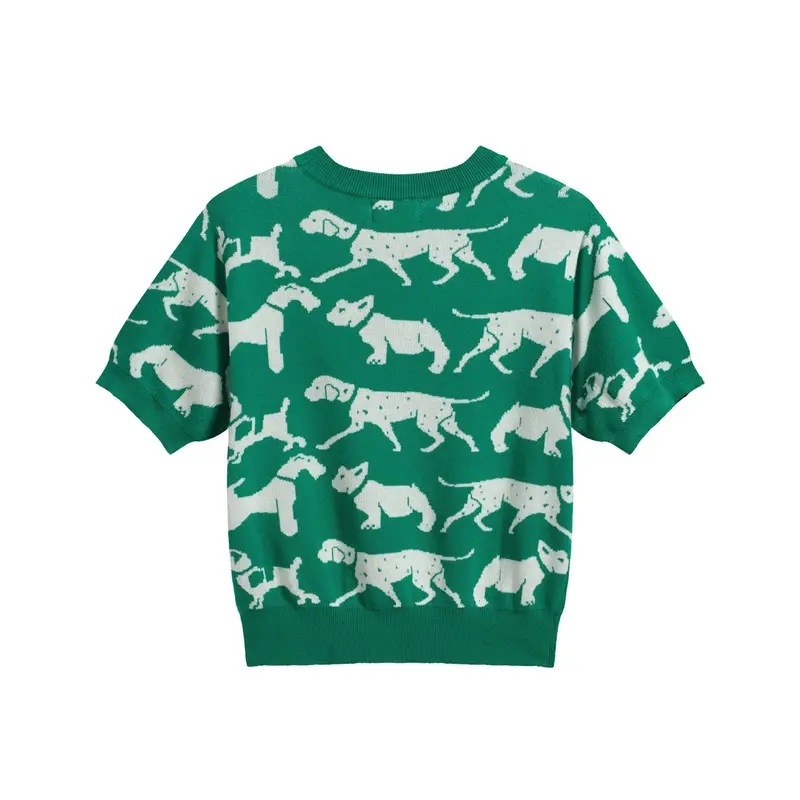 Women's Retro Dog Print Knit Tee – Green-Cropped Length 3