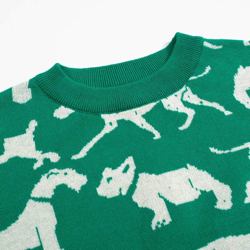 Women's Retro Dog Print Knit Tee – Green-Cropped Length 4