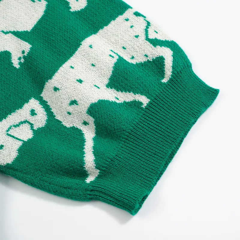 Women's Retro Dog Print Knit Tee – Green-Cropped Length 5