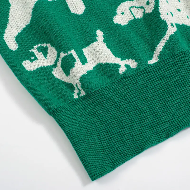 Women's Retro Dog Print Knit Tee – Green-Cropped Length 6