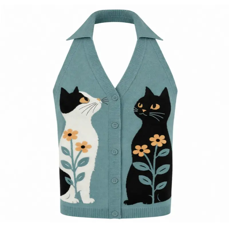 Women's Retro Healing Cat Style Jacquard Halter Knit Vest 1