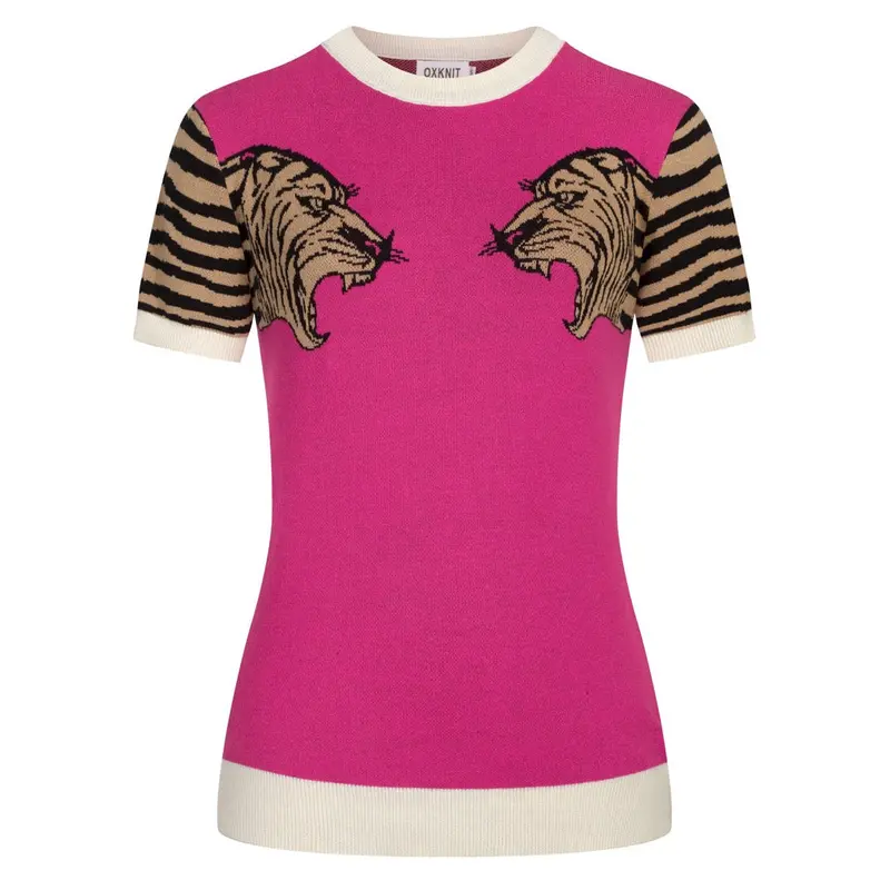 Women's Retro Pink Leopard Jacquard Art Knit T-Shirt 1