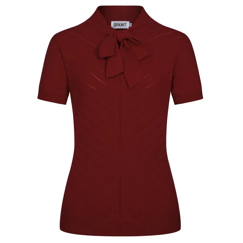 Women's Retro Red Classic Minimalist Jacquard Knit T-Shirt 1