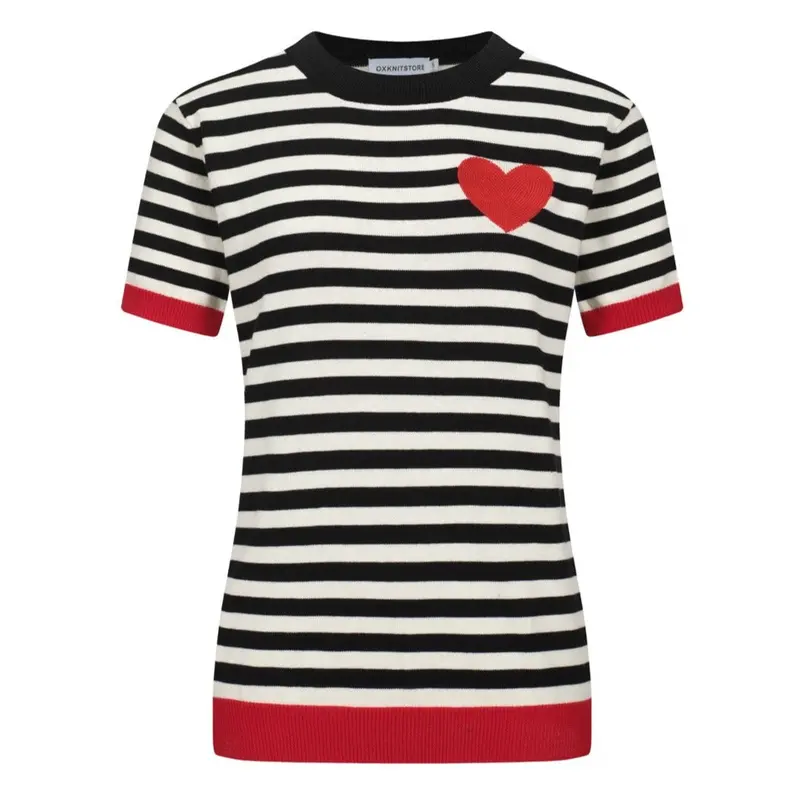 Women's Retro Striped Knit Sweater With Red Heart – Black & White 1