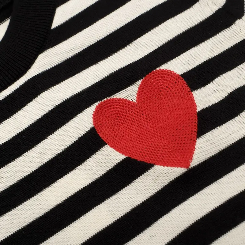 Women's Retro Striped Knit Sweater With Red Heart – Black & White 2