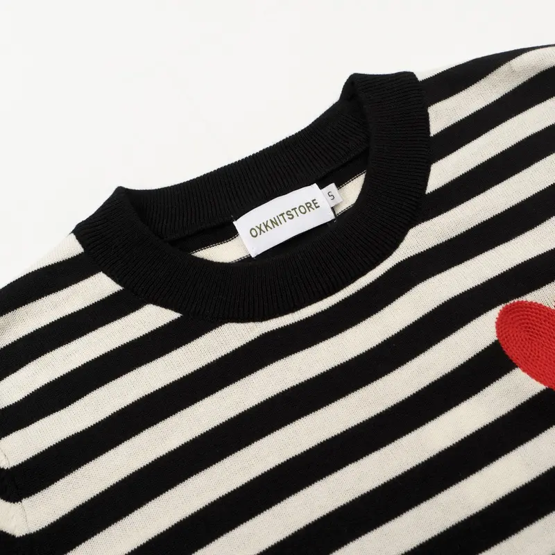 Women's Retro Striped Knit Sweater With Red Heart – Black & White 4