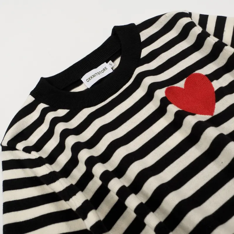 Women's Retro Striped Knit Sweater With Red Heart – Black & White 6