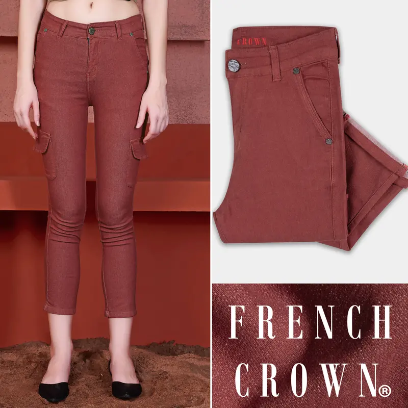 Women’S Skinny Fit Burnt Umber Red Rinse Wash Stretchable Denim 1