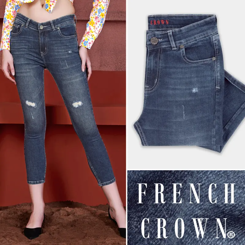 Women's Skinny Fit Gun Powder Blue Stone Wash Mildly Distressed Ankle Length Stretchable Denim 1