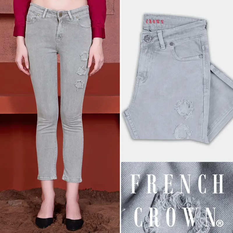 Women's Skinny Fit Mountain Mist Gray Rinse Wash Mildly Distressed Denim 1