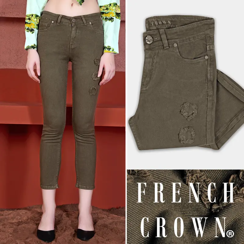 Women's Skinny Fit Taupe Brown Rinse Wash Mildly Distressed Ankle Length Denim 1