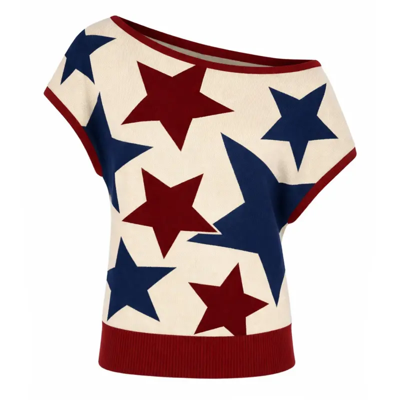 Women's Star Jacquard  Knit Sloping Shoulders T-Shirt - Cropped Length 1