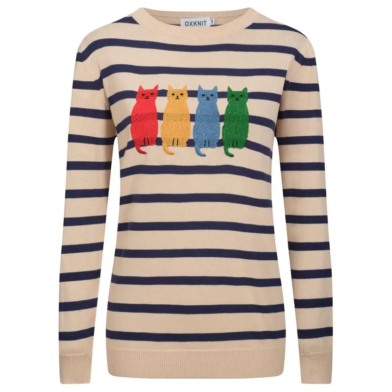 Women's Striped Vintage Embroidered Cat Knitwear 1
