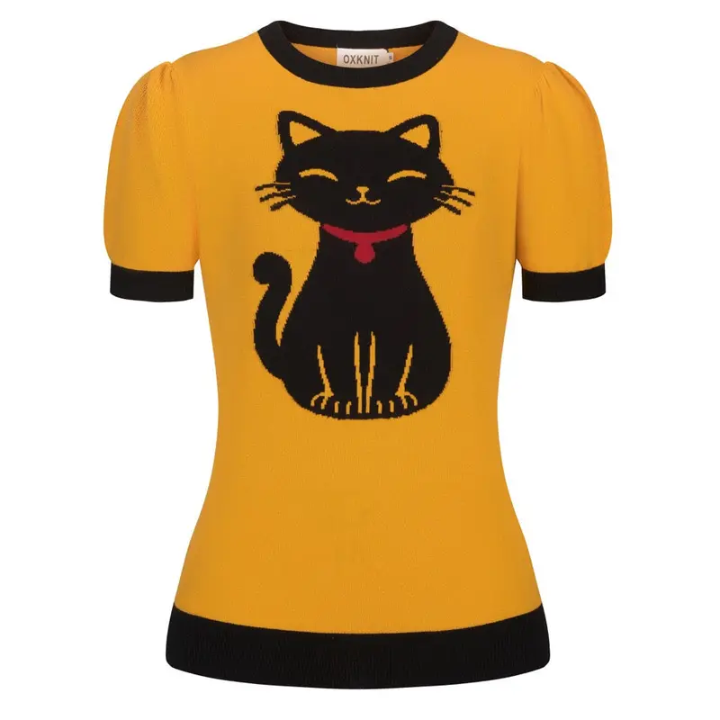 Women's Turmeric Kitten Classic Retro Jacquard Knit T-Shirt 1