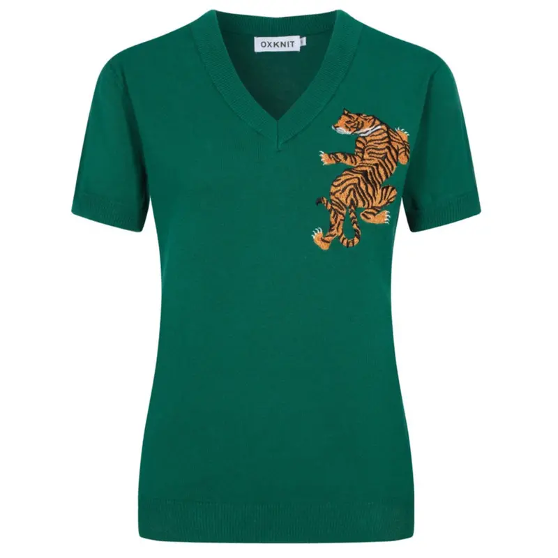 Women’S Vintage Animal Knit Tee – Green V-Neck Top With Embroidered Detail 1