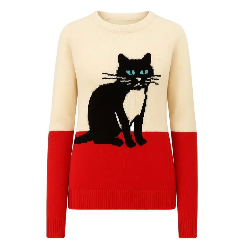 Women's Vintage Apricot Animal Cat Jacquard Knitwear 1