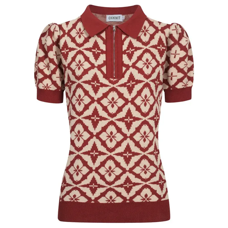 Women's Vintage Red Jacquard Zipper V-Neck Polo 1