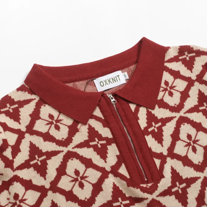 Women's Vintage Red Jacquard Zipper V-Neck Polo 4
