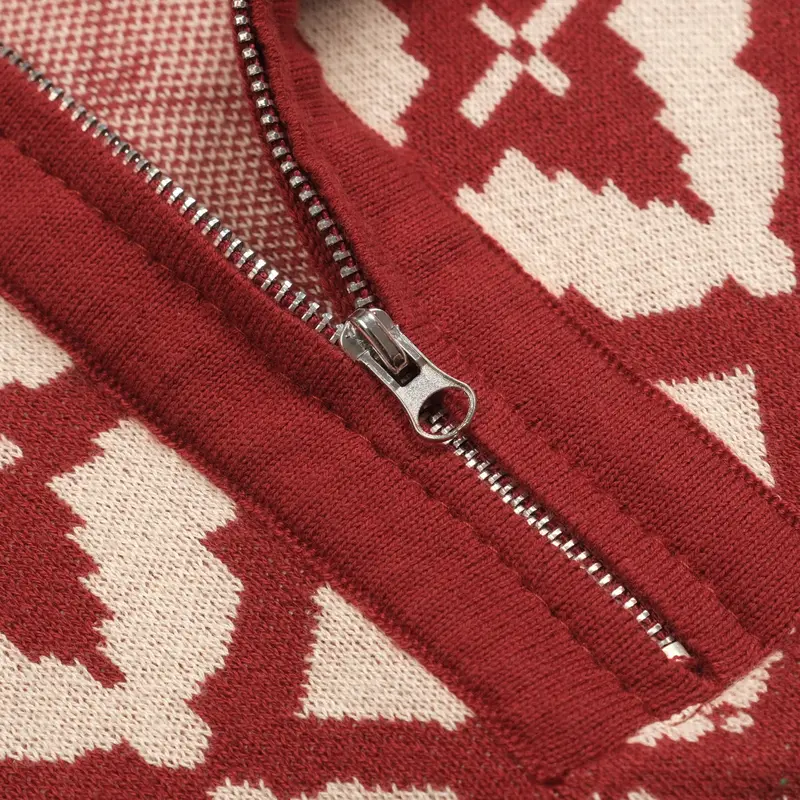 Women's Vintage Red Jacquard Zipper V-Neck Polo 5