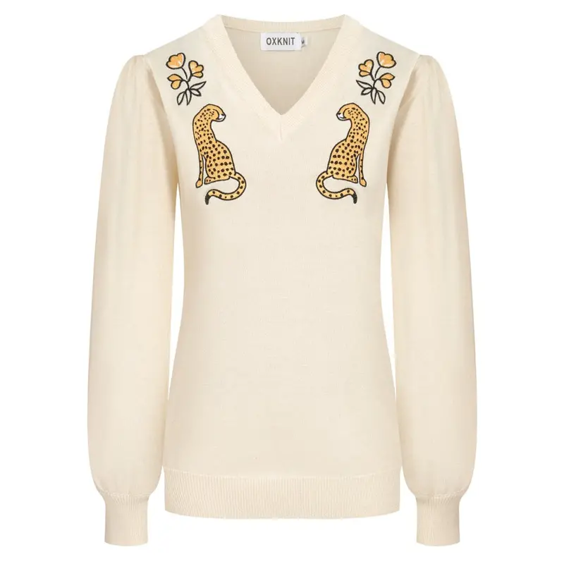 Women's White Apricot Cheetah Embroidered Bubble Sleeve Knitwear 1