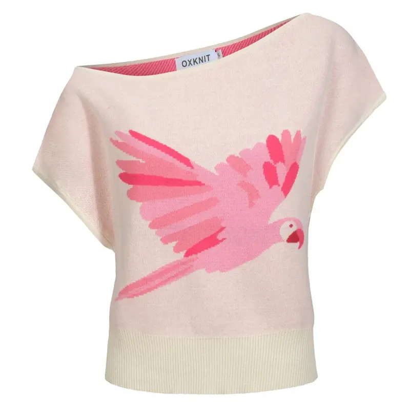 Women's White Apricot Skew Shoulder Knit T-Shirt - Cropped Length 1