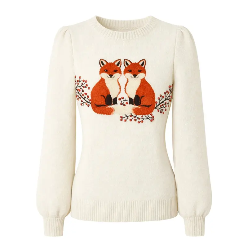 Women's White Embroidered Fox Bubble Sleeve Knitwear 1