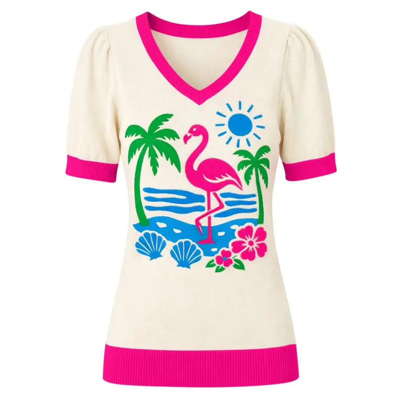 Women's White Retro Summer Vacation Style Jacquard Knit T-Shirt 1