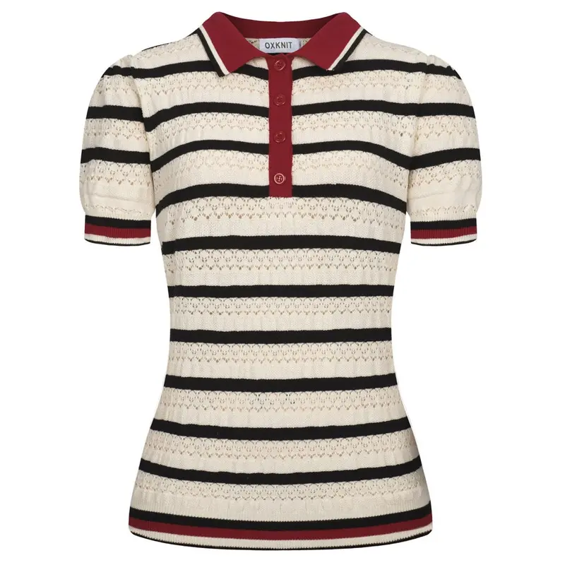 Women's White Striped Hollow-Out Vintage Knit Polo 1