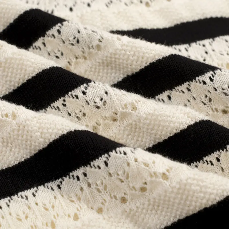 Women's White Striped Hollow-Out Vintage Knit Polo 2