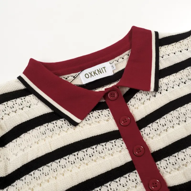 Women's White Striped Hollow-Out Vintage Knit Polo 3