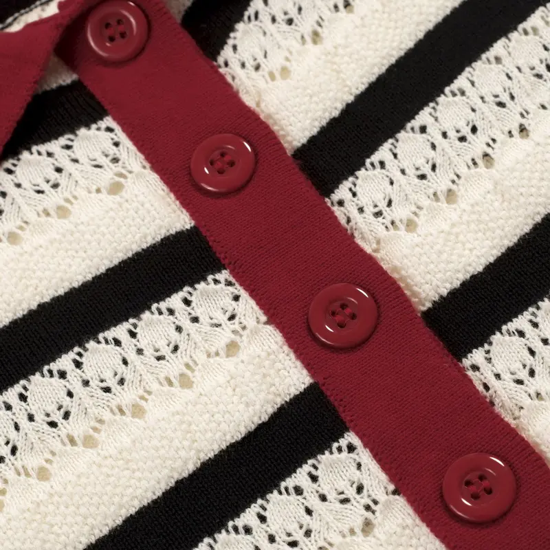 Women's White Striped Hollow-Out Vintage Knit Polo 4