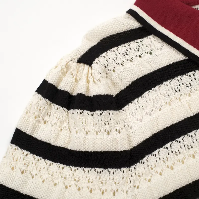 Women's White Striped Hollow-Out Vintage Knit Polo 5