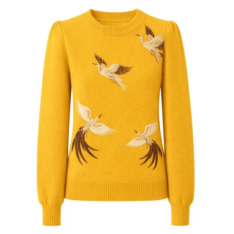 Women's Yellow Artistic Bird Embroidery Art Vintage Jacquard Knitwear 1