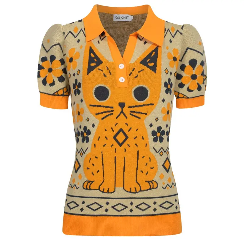 Women's Yellow Cat Vintage Jacquard Knit V-Neck Polo 1