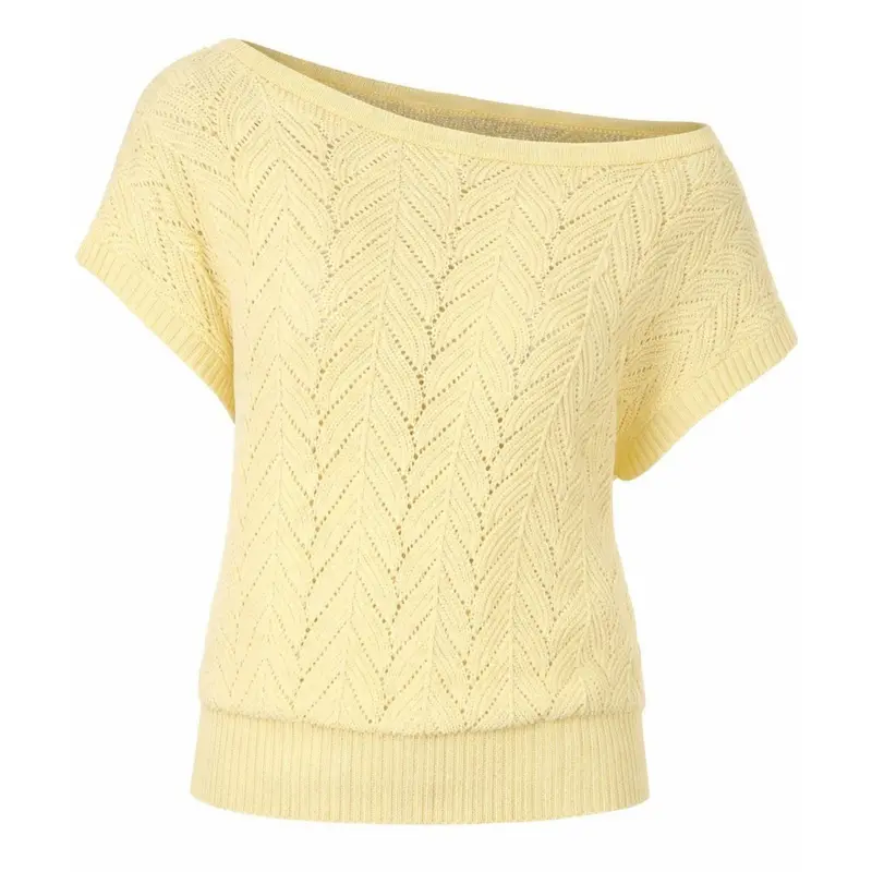 Women's Yellow Hollow-Out Textured Knit Off-Shoulder T-Shirt - Cropped Length 1