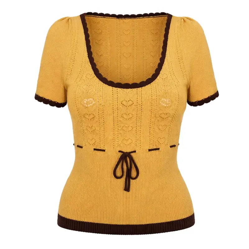 Women's Yellow Love Hollow Knit T-Shirt - Cropped Length 1