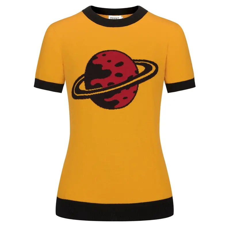Women's Yellow Planet Jacquard Vintage Knit T-Shirt 1