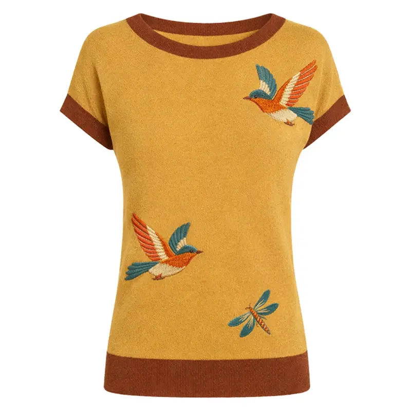 Women's Yellow Retro Animal Embroidery Batwing Sleeve Knit T-Shirt 1