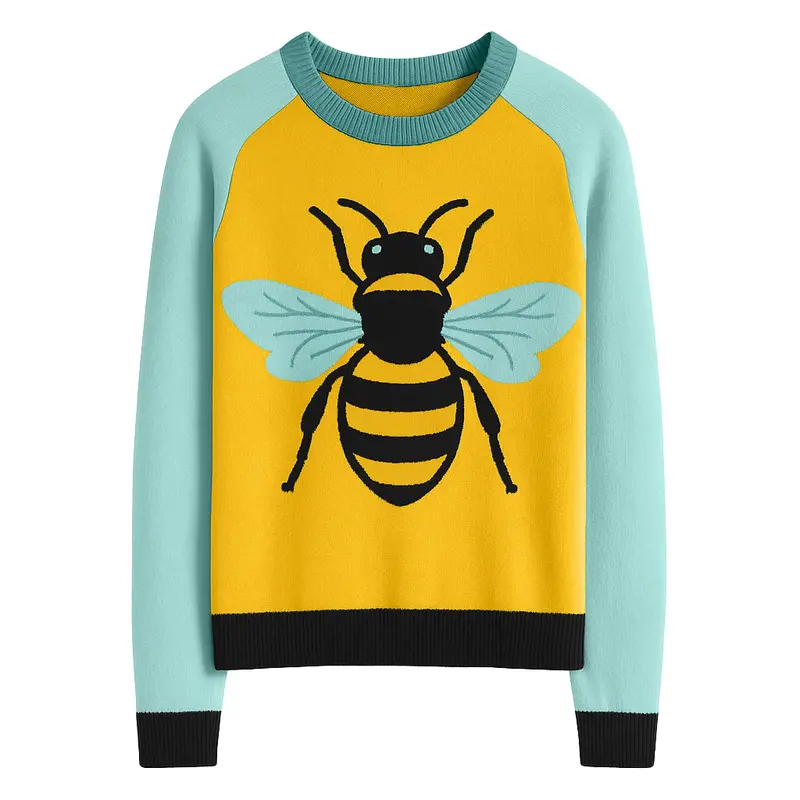 Women's Yellow Retro Insect Round-Neck Jacquard Knitwear 1