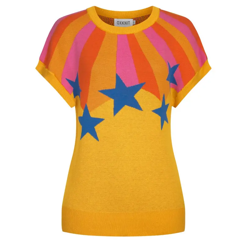 Women's Yellow Vintage Star Art Jacquard Knit T-Shirt 1