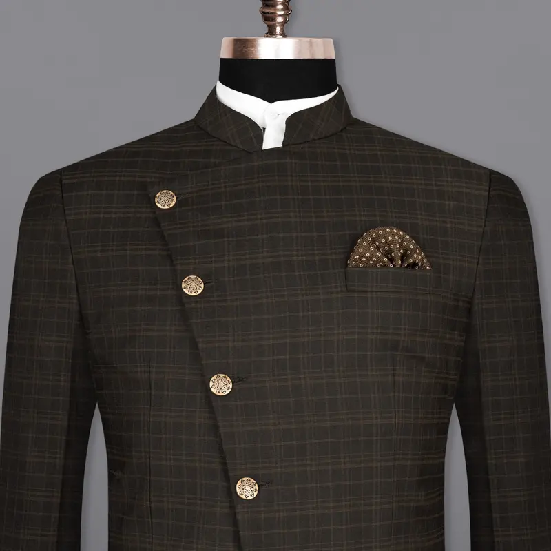 Wood Bark Windowpane Wool Rich Cross Placket Bandhgala Blazer 1