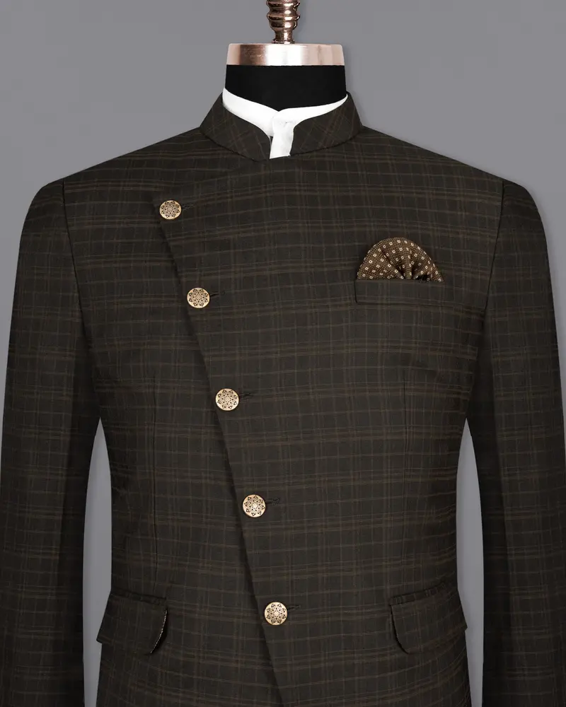 Wood Bark Windowpane Wool Rich Cross Placket Bandhgala Blazer 2