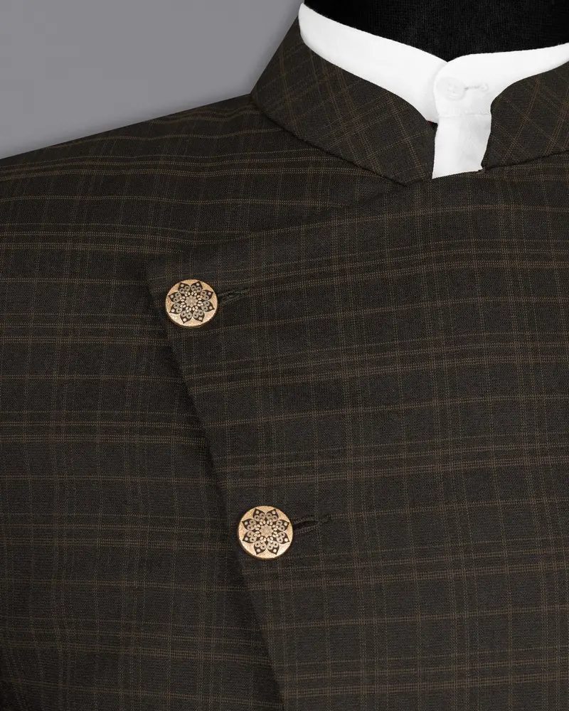 Wood Bark Windowpane Wool Rich Cross Placket Bandhgala Blazer 4