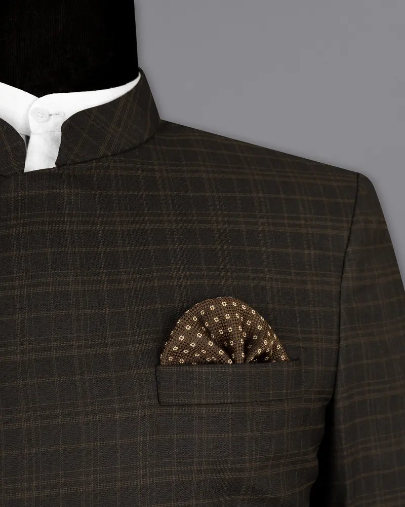 Wood Bark Windowpane Wool Rich Cross Placket Bandhgala Blazer 6