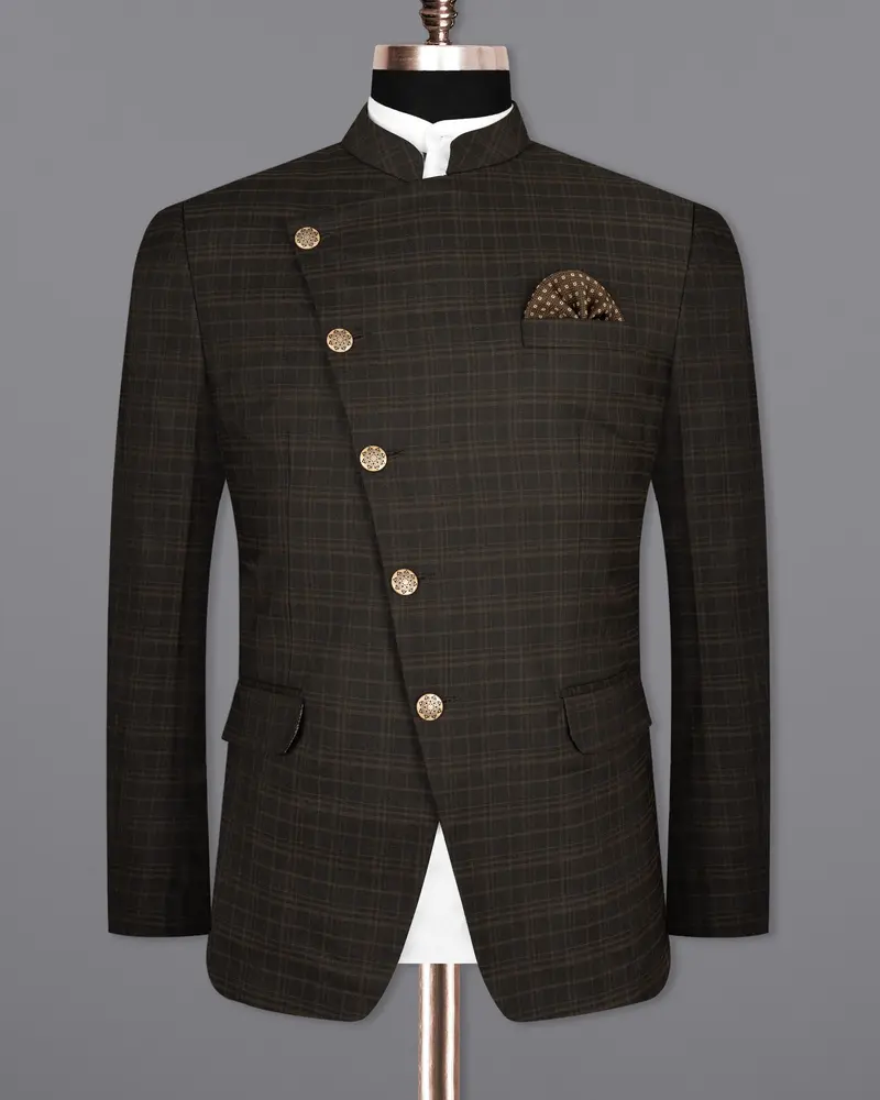 Wood Bark Windowpane Wool Rich Cross Placket Bandhgala Blazer 8