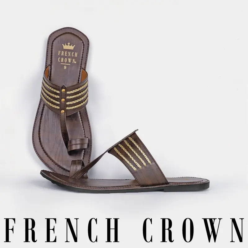 Wood Brown With Golden Stitched Vegan Leather Kolhapuri Sandal 1