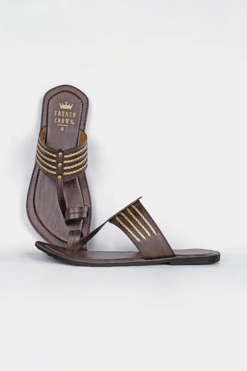 Wood Brown With Golden Stitched Vegan Leather Kolhapuri Sandal 2