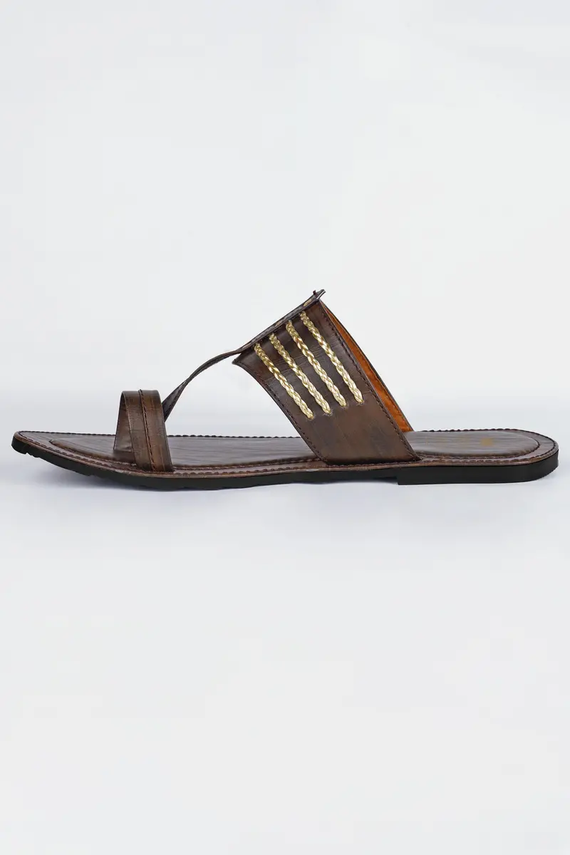 Wood Brown With Golden Stitched Vegan Leather Kolhapuri Sandal 3